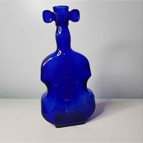 Vintage 8" Cobalt Blue Glass Bottle Vase Cello Violin Fiddle Shaped Decanter - Picture 1 of 5